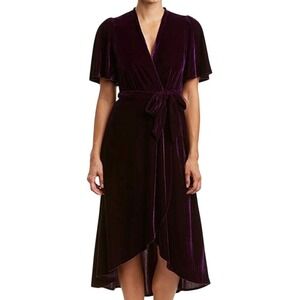 Donna Morgan Velvet faux Wrap Dress Flutter Sleeve Midi Cocktail Party Purple 12